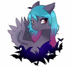 Size: 1024x939 | Tagged: dead source, safe, artist:naminzo, oc, oc only, oc:night owl, bat, bat pony, pegasus, pony, ear piercing, earring, fangs, piercing, smiling, solo