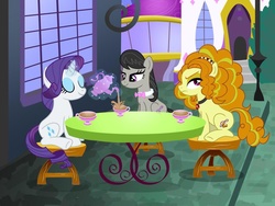 Size: 1024x768 | Tagged: safe, artist:sorryurdumb, adagio dazzle, octavia melody, rarity, earth pony, pony, unicorn, equestria girls, g4, earth pony adagio dazzle, equestria girls ponified, eyes closed, kazumi evans, ponified, stool, table, tea, tea party, teacup, teapot, voice actor joke