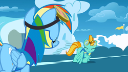 Size: 640x360 | Tagged: safe, screencap, lightning dust, rainbow dash, pegasus, pony, g4, wonderbolts academy, animation error, butt, clothes, cloud, female, flag pole, goggles, mare, plot, sky, uniform, wonderbolt trainee uniform, wonderbolts headquarters