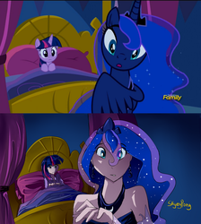 Size: 805x900 | Tagged: safe, artist:skyeypony, princess luna, twilight sparkle, human, do princesses dream of magic sheep, g4, :o, bed, cute, frown, humanized, lunabetes, scene interpretation, twilight sparkle (alicorn), wide eyes