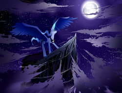 Size: 1000x761 | Tagged: safe, artist:skyeypony, princess luna, g4, cliff, cloud, cloudy, female, magic, moon, moonrise, solo, spread wings