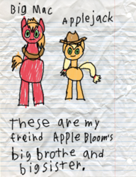 Size: 600x783 | Tagged: safe, artist:fonypan, artist:sweetie belle, applejack, big macintosh, earth pony, pony, g4, lined paper, male, quality, stallion, stylistic suck, sweetie's jurnal