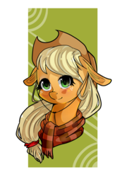 Size: 822x1144 | Tagged: safe, artist:tomat-in-cup, applejack, earth pony, pony, g4, bust, clothes, female, floppy ears, freckles, hat, mare, scarf, simple background, smiling, solo, transparent background
