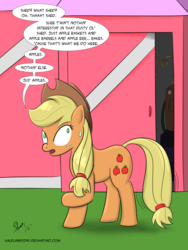 Size: 2100x2800 | Tagged: safe, artist:halflingpony, applejack, earth pony, pony, g4, accent, applejack's hat, blatant lies, cowboy hat, distillery, female, hat, high res, liar face, liarjack, mare, moonshine, nervous, newbie artist training grounds, shed, solo, still, suspiciously specific denial, sweat