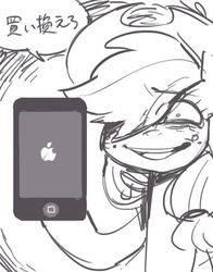 Size: 398x507 | Tagged: safe, artist:jirousan, applejack, g4, apple (company), female, hair over one eye, iphone, japanese, monochrome, solo, translated in the comments