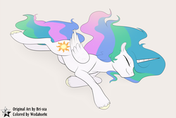 Size: 4500x3000 | Tagged: safe, artist:bri-sta, artist:wodahseht, color edit, princess celestia, alicorn, pony, g4, colored, cute, cutelestia, eyes closed, female, mare, missing accessory, on side, sleeping, smiling, solo, unshorn fetlocks