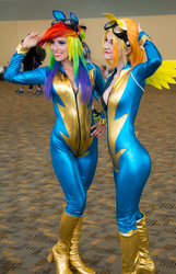 Size: 3518x5451 | Tagged: safe, artist:cosplayhazard, photographer:joey, rainbow dash, spitfire, human, bronycon, bronycon 2015, g4, boots, cleavage, clothes, cosplay, costume, fake ears, fake wings, female, goggles, high heel boots, irl, irl human, photo, shoes, uniform, wonderbolts uniform