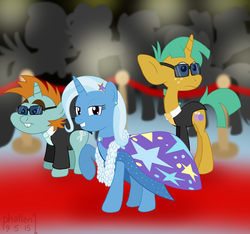 Size: 1600x1500 | Tagged: safe, artist:phallen1, snails, snips, trixie, pony, unicorn, g4, bodyguard, cape, carpet, clothes, dress, earring, feather boa, female, mare, newbie artist training grounds, piercing, red carpet, suit, sunglasses, trixie's fans