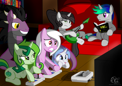 Size: 4000x2810 | Tagged: safe, artist:ponyecho, oc, oc only, oc:north light, oc:platinum chalice, oc:synder, dracony, hybrid, fallout equestria, arcade stick, contest entry, electric guitar, gaming, guitar, musical instrument, nostalgia, reading, sfc, show accurate, super famicom, super fc, super nintendo, television