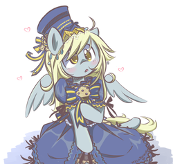 Size: 1079x1024 | Tagged: safe, artist:melodenesa, derpy hooves, pegasus, pony, g4, :o, blushing, bow, clothes, cute, dress, female, hat, head tilt, heart, mare, muffin, open mouth, simple background, solo, white background