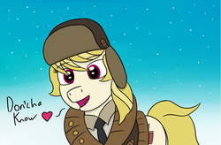 Size: 2000x1314 | Tagged: safe, artist:laserbiskit, march gustysnows, earth pony, pony, g4, clothes, coat, cute, dialogue, don'tcha know, female, hat, heart, mare, open mouth, smiling, snow, snowfall, solo, ushanka