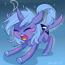 Size: 900x900 | Tagged: safe, artist:silbersternenlicht, princess luna, bat pony, pony, g4, crescent moon, eyes closed, fangs, female, filly, lunabat, moon, open mouth, race swap, solo, transparent moon, woona