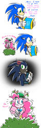 Size: 800x2500 | Tagged: safe, artist:hoshinousagi, pinkie pie, anthro, g4, :3, amy rose, blushing, camouflage, caught, comic, cross-popping veins, crossover, cute, dark sonic, heart, male, shipper on deck, sonamy, sonic boom, sonic the hedgehog, sonic the hedgehog (series), sonicified, spying