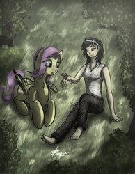 Size: 1280x1653 | Tagged: safe, artist:slawomiro, fluttershy, butterfly, human, g4, barefoot, feet, fluffy, forest, jun kazama, nature, prone, sitting, smiling, tekken