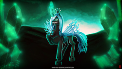 Size: 1920x1080 | Tagged: safe, artist:wwredgrave, queen chrysalis, changeling, changeling queen, g4, crown, crystal, female, grin, hair over one eye, jewelry, mare, queen, regalia, sharp teeth, solo