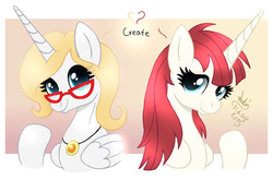 Size: 1300x860 | Tagged: safe, artist:joakaha, oc, oc:bonniecorn, oc:fausticorn, alicorn, pony, alicorn oc, glasses, looking at you, necklace, ponified, raised hoof, smiling