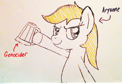 Size: 2169x1500 | Tagged: safe, artist:anonymous, oc, oc only, oc:aryanne, earth pony, pony, alcohol, beer stein, blonde, cheers, cider, female, looking at you, pun, sieg heil, smiling, solo, thirsty, traditional art, upper body