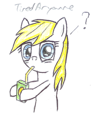 Size: 680x837 | Tagged: safe, artist:anonymous, oc, oc only, oc:aryanne, earth pony, pony, bipedal, blonde, box, cute, female, holding, juice, juice box, looking at you, question mark, solo, sucking, thirsty, traditional art, upper body