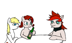 Size: 500x300 | Tagged: safe, artist:anonymous, oc, oc only, oc:aryanne, oc:red pone (8chan), oc:ruby (8chan), /pone/, 8chan, blanket, clothes, frown, orson welles, scarf, squint, table, wine, wine bottle, wondering