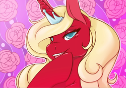 Size: 500x349 | Tagged: safe, artist:mlpfwb, oc, oc only, oc:scarlet rose, pony, unicorn, blonde, blue eyes, fabulous, flower, horn, horn jewelry, jewelry, laughing, simple background, solo, tumblr