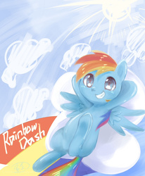 Size: 1000x1214 | Tagged: safe, artist:xshrxshrxshr, rainbow dash, g4, cloud, cloudy, cute, female, on back, smiling, solo