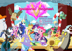 Size: 1594x1134 | Tagged: safe, angel bunny, apple bloom, applejack, derpy hooves, discord, fluttershy, gummy, opalescence, owlowiscious, pinkie pie, princess cadance, princess celestia, princess luna, queen chrysalis, rainbow dash, rarity, scootaloo, shining armor, spike, sweetie belle, tank, trixie, twilight sparkle, winona, alicorn, alligator, changeling, changeling queen, draconequus, dragon, earth pony, hydra, pegasus, pony, unicorn, g4, alicorn triarchy, bouquet, camera, candy, candy cane, colored horn, curved horn, cutie mark crusaders, dashoof, female, filly, foal, gala tickets, horn, mane six, mare, micro, multiple heads, polish, poster, severed horn, snowman, sombra's horn, wall of tags