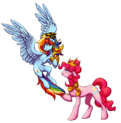 Size: 1667x1685 | Tagged: safe, artist:koviry, pinkie pie, rainbow dash, g4, the lost treasure of griffonstone, clothes, costume, crown, horns, idol of boreas, scarf, simple background, transparent background