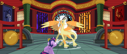 Size: 6048x2607 | Tagged: safe, artist:saturngrl, twilight sparkle, oc, oc:lord yang, alicorn, kirin, pony, winged kirin, g4, antlers, chinese, cloven hooves, crown, duo, emperor, female, gong, male, mare, neigh-beyul, scales, spread wings, temple, twilight sparkle (alicorn), wings, yin-yang