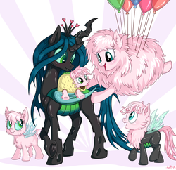 Size: 1426x1380 | Tagged: safe, artist:sorcerushorserus, queen chrysalis, oc, oc:fluffle puff, changeling, changepony, hybrid, g4, balloon, canon x oc, crossbreed, cute, cutealis, family, female, flufflebetes, interspecies offspring, lesbian, magical lesbian spawn, mommy chrissy, next generation, ocbetes, offspring, parent:oc:fluffle puff, parent:queen chrysalis, parents:canon x oc, parents:chrysipuff, ship:chrysipuff, shipping, suspended, taco costume, tongue out, underhoof, we need more of this ship