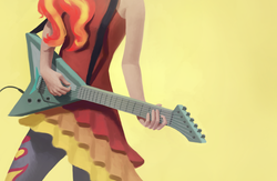 Size: 1532x1000 | Tagged: safe, artist:fahu, sunset shimmer, equestria girls, g4, my little pony equestria girls: rainbow rocks, bad guitar anatomy, female, flying v, guitar, musical instrument, simple background, solo, sunset shredder, yellow background