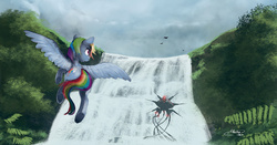 Size: 1256x660 | Tagged: safe, artist:mechagen, rainbow dash, robot, g4, female, scenery, solo, waterfall