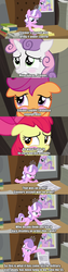 Size: 627x2471 | Tagged: safe, screencap, apple bloom, diamond tiara, scootaloo, sweetie belle, g4, ponyville confidential, caption, cutie mark crusaders, downfall, movie reference, parody