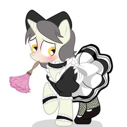 Size: 512x512 | Tagged: source needed, safe, artist:lion-grey, oc, oc only, oc:short fuse, pony, unicorn, blushing, clothes, crossdressing, maid, male, mouth hold, solo, trap