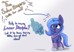 Size: 1200x840 | Tagged: safe, artist:heir-of-rick, princess luna, g4, armor, cute, female, filly, impossibly large ears, lunabetes, magic, open mouth, smirk, solo, sword, telekinesis, weapon, woona