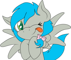 Size: 734x622 | Tagged: safe, artist:laptopbrony, oc, oc only, oc:darcy sinclair, bow, cute, looking at you, simple background, solo, spread wings, tongue out, transparent background, vector, wink