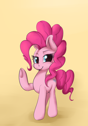 Size: 1280x1827 | Tagged: safe, artist:sourspot, pinkie pie, earth pony, pony, g4, female, looking at you, mare, raised hoof, simple background, solo, yellow background