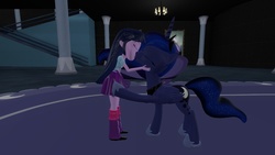 Size: 1360x768 | Tagged: safe, artist:mk513, princess luna, twilight sparkle, equestria girls, g4, 3d, female, gmod, humanized human on pony action, interspecies, kissing, lesbian, ship:twiluna, shipping, twilight sparkle (alicorn)