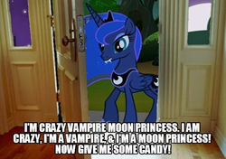 Size: 540x381 | Tagged: safe, princess luna, vampire, g4, adam sandler, candy, fangs, halloween, image macro, insanity, meme