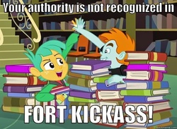 Size: 590x432 | Tagged: safe, screencap, snails, snips, equestria girls, g4, archer (show), book fort, duo, fort kickass, image macro, meme