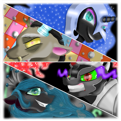 Size: 1350x1350 | Tagged: safe, artist:twizzler787, discord, king sombra, nightmare moon, queen chrysalis, g4
