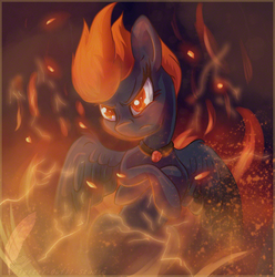 Size: 900x909 | Tagged: safe, artist:tiothebeetle, oc, oc only, pegasus, pony, angry, collar, embers, fire, lightning, red sprite, solo
