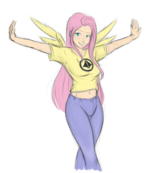 Size: 500x584 | Tagged: safe, artist:eve-ashgrove, fluttershy, human, g4, belly button, clothes, female, humanized, macross, robotech, solo, winged humanization