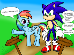 Size: 1715x1268 | Tagged: safe, artist:sonigoku, rainbow dash, pegasus, pony, derpibooru, g4, clothes, comic sans, deviantart, drama, female, folded wings, frown, gloves, looking at each other, looking back, male, mare, meta, offscreen character, open mouth, pointing, raised hoof, raised leg, satire, shoes, smiling, socks, sonic drama, sonic the hedgehog, sonic the hedgehog (series), speech bubble