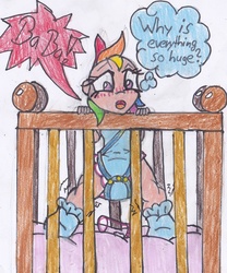 Size: 1897x2277 | Tagged: safe, artist:cuddlelamb, part of a set, rainbow dash, human, g4, age regression, better lock the door, blushing, booties, crib, diaper, humanized, onesie, part of a series, poofy diaper, traditional art