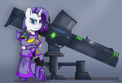 Size: 1024x696 | Tagged: safe, artist:mopyr, rarity, pony, g4, bipedal, cannon, clothes, female, gun, jacket, science fiction, solo