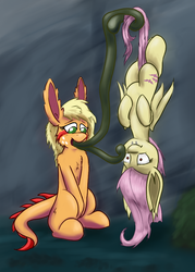 Size: 640x896 | Tagged: safe, artist:kwendynew, applejack, fluttershy, bat pony, monster pony, original species, pony, tatzlpony, g4, duo, flutterbat, hung upside down, tatzljack, tentacle tongue, tentacles, upside down