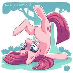 Size: 1280x1280 | Tagged: dead source, safe, artist:jopiter, pinkie pie, earth pony, pony, g4, magical mystery cure, female, frontbend, looking at you, mare, piledriver, pinkamena diane pie, scene interpretation, solo, tongue out
