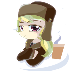 Size: 1000x1000 | Tagged: safe, artist:puetsua, march gustysnows, pony, g4, clothes, coat, crossed arms, cup, cutie mark, delegate, female, hat, portrait, solo, ushanka