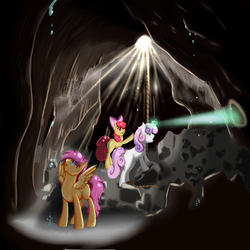 Size: 1024x1024 | Tagged: safe, artist:baffleddingo, apple bloom, scootaloo, sweetie belle, g4, :o, carving, cave, crepuscular rays, cutie mark crusaders, exploring, light, looking up, magic, pointing, rope
