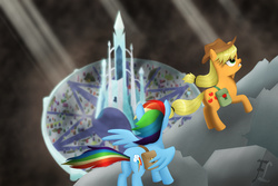 Size: 4500x3000 | Tagged: safe, artist:flufflelord, applejack, rainbow dash, g4, climbing, cowboy hat, crepuscular rays, crystal empire, hat, mountain, saddle bag, spread wings, stetson, wall, wind